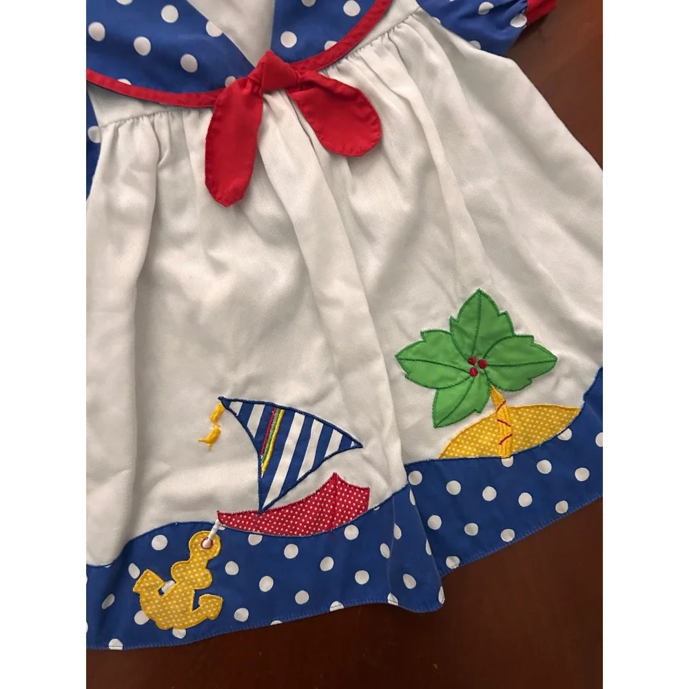 Allison Ann Vintage Sailor Dress Girls 3T Blue White Polka Dot Nautical Sailboat